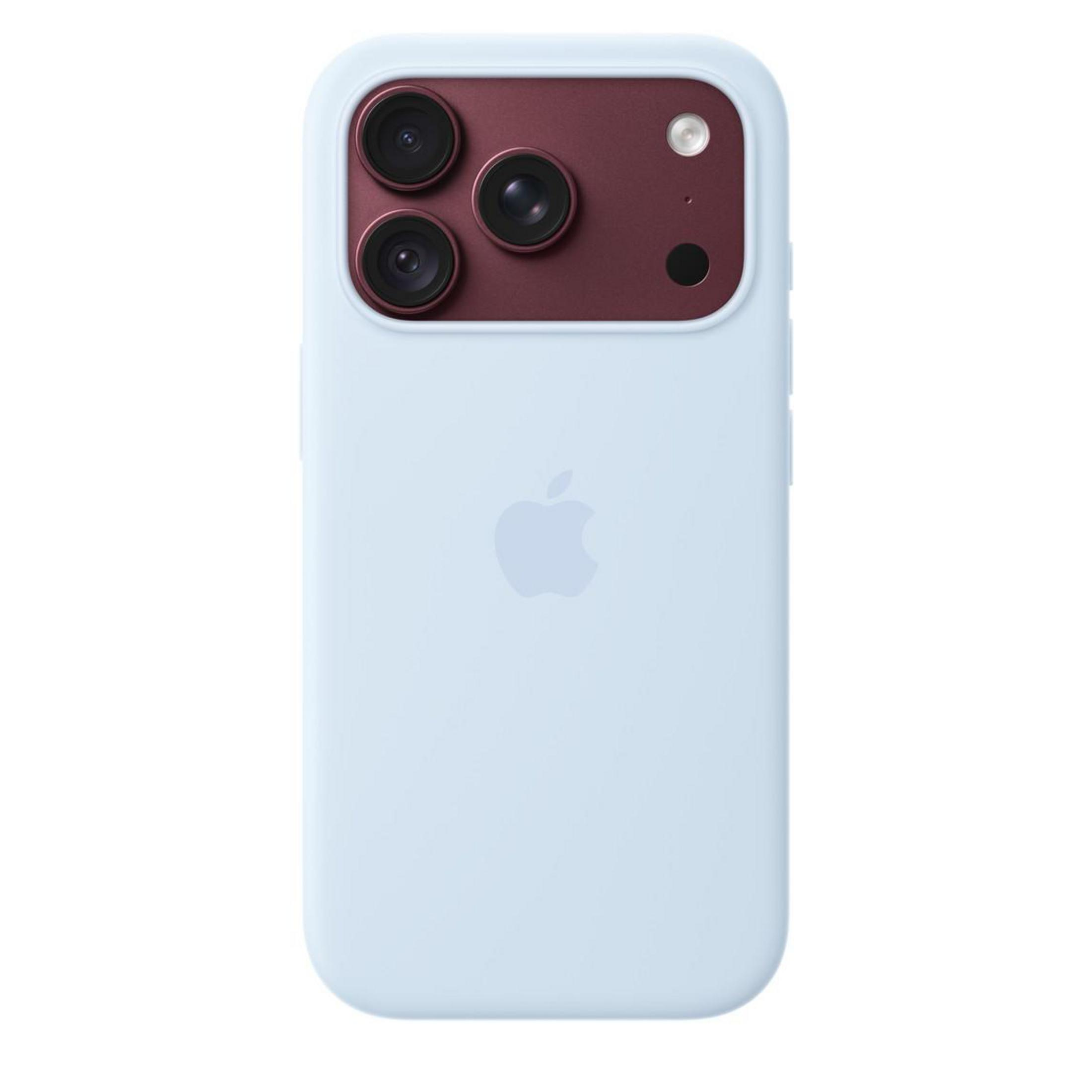 Dos d'un smartphone bleu clair avec un îlot photo bordeaux comprenant trois objectifs, un flash et le logo Apple.
