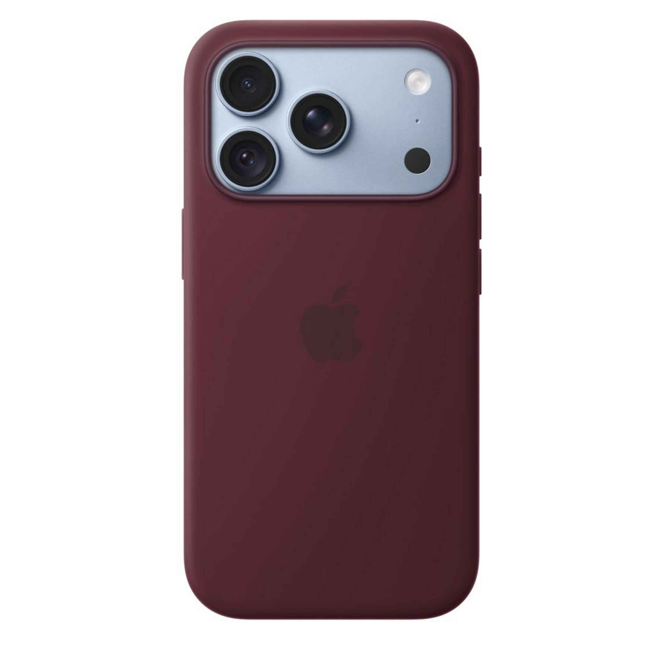 Una cover per smartphone bordeaux su sfondo bianco con isola fotocamera azzurra e tre lenti.