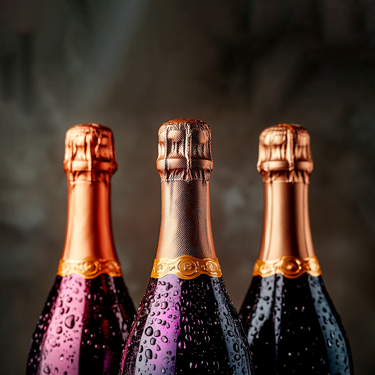 Tre bottiglie di champagne con tappi dorati su sfondo scuro, ricoperte di gocce d'acqua.