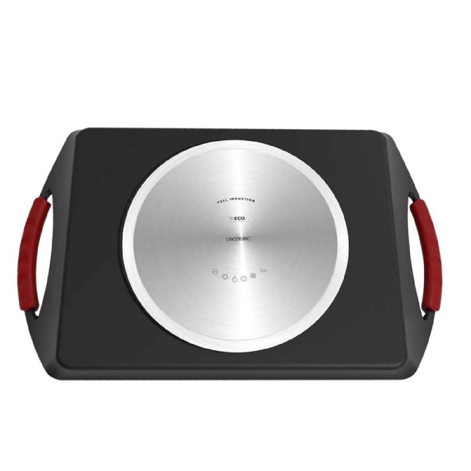 Placa de inducción negra con centro de acero inoxidable y asas rojas sobre fondo blanco.