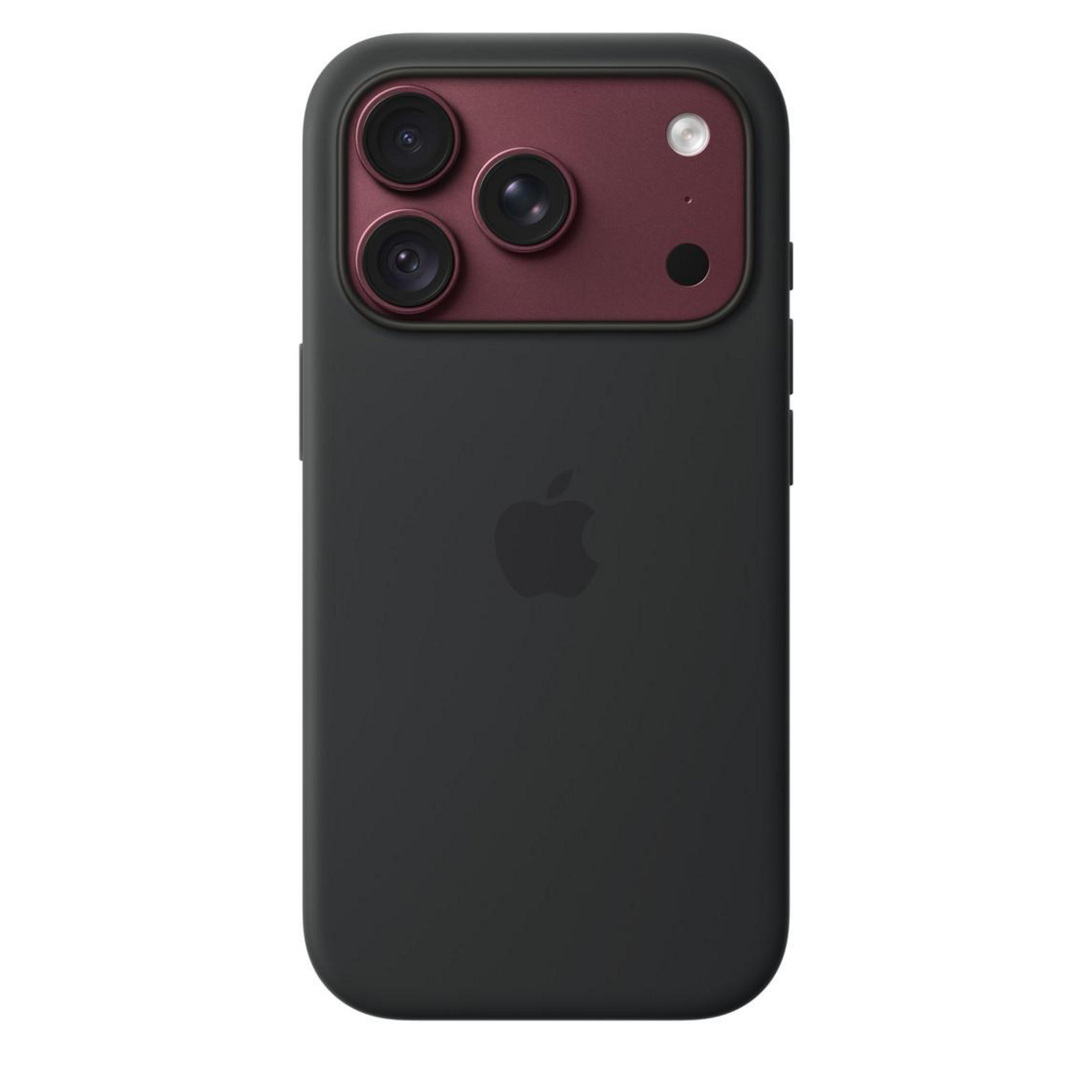 Dos d'un smartphone noir avec un triple appareil photo dans un module rouge et le logo Apple.
