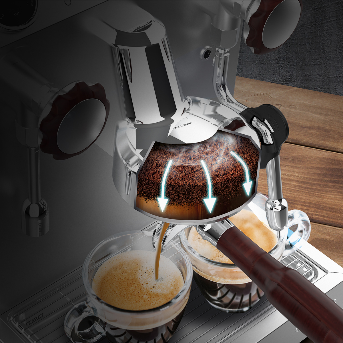 Vista de sección de una máquina de espresso muestra agua fluyendo por el café hacia tazas.