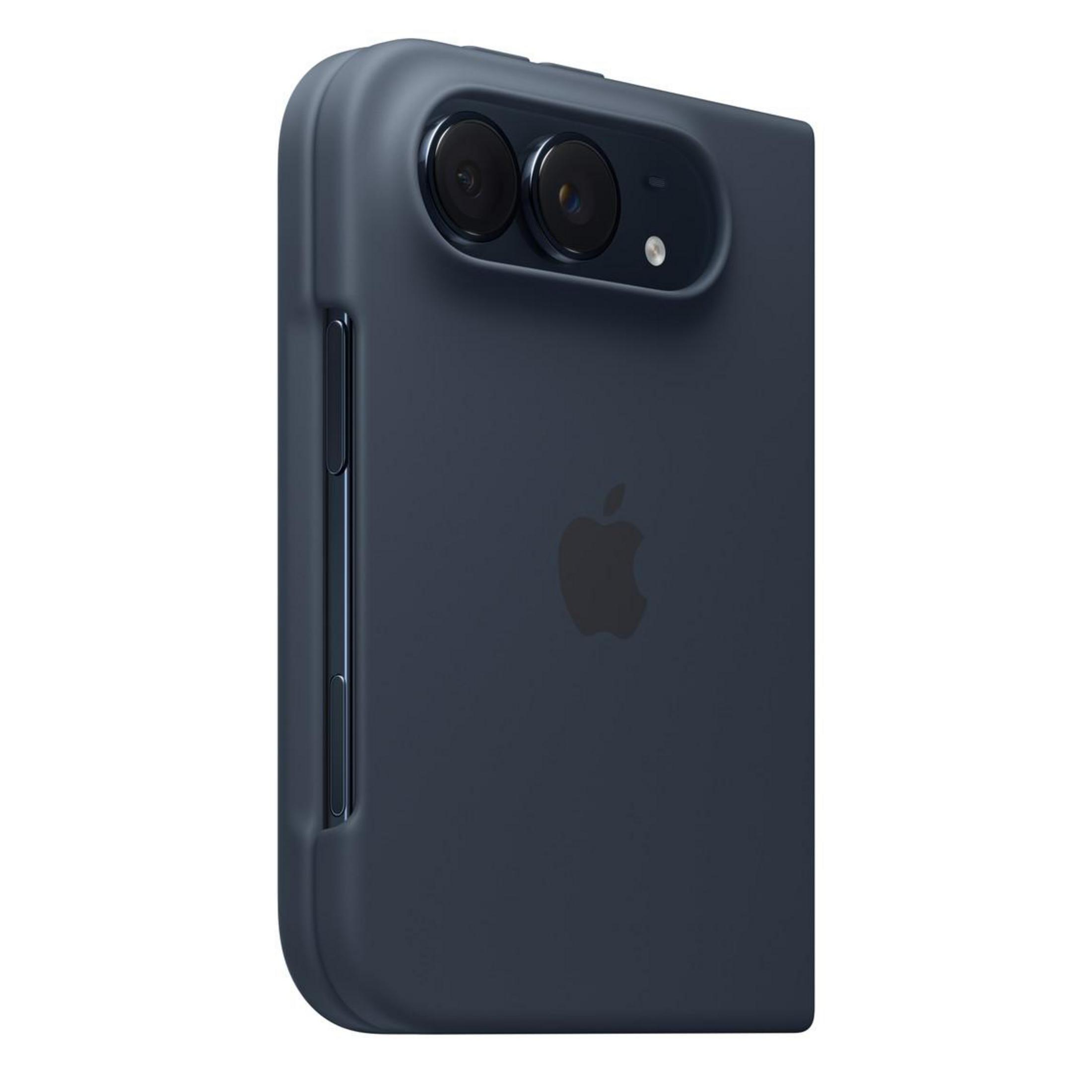 Custodia protettiva blu scuro per iPhone con protezione fotocamera integrata e logo Apple.