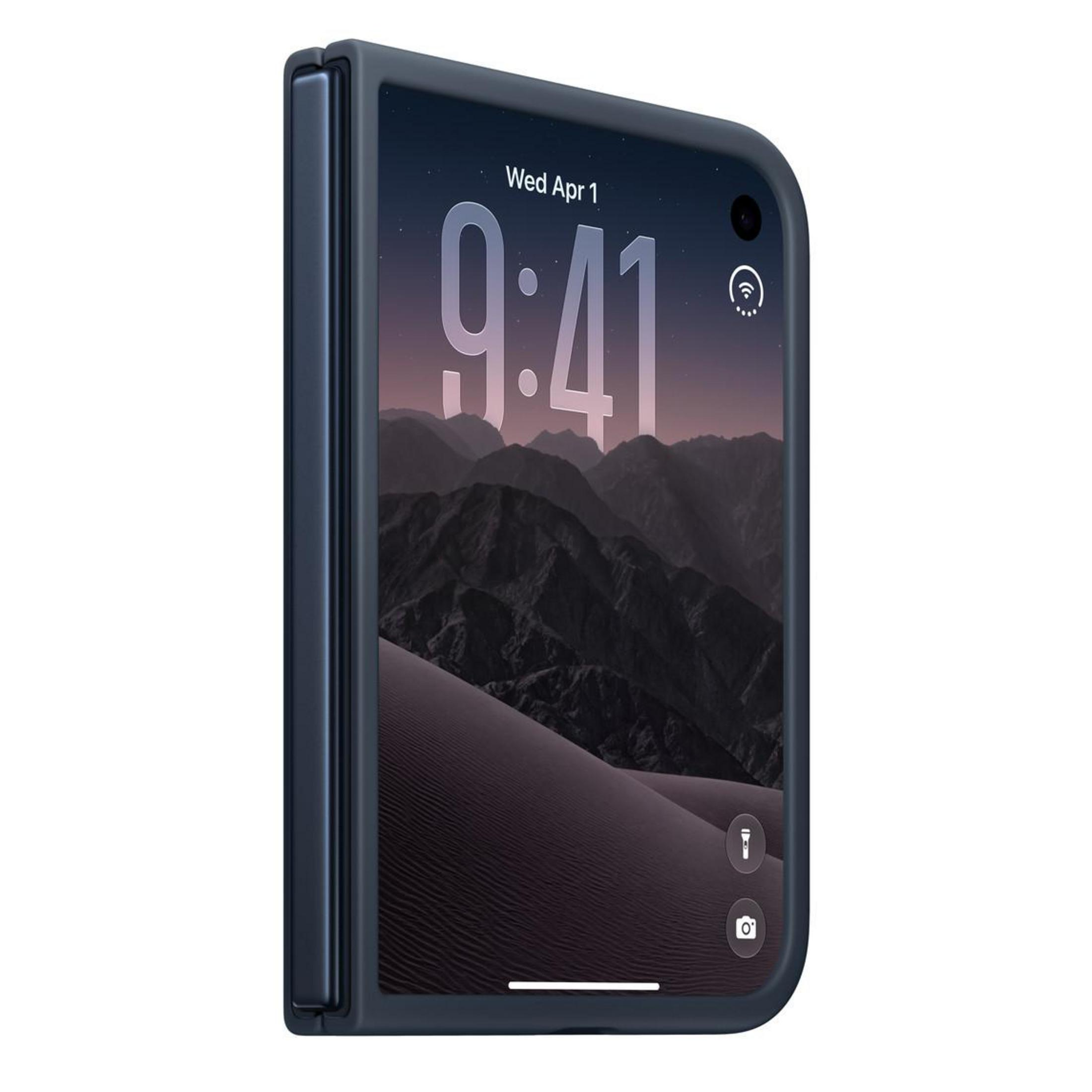 Uno smartphone pieghevole blu in una custodia mostra uno sfondo di paesaggio montano che segna le 9:41.