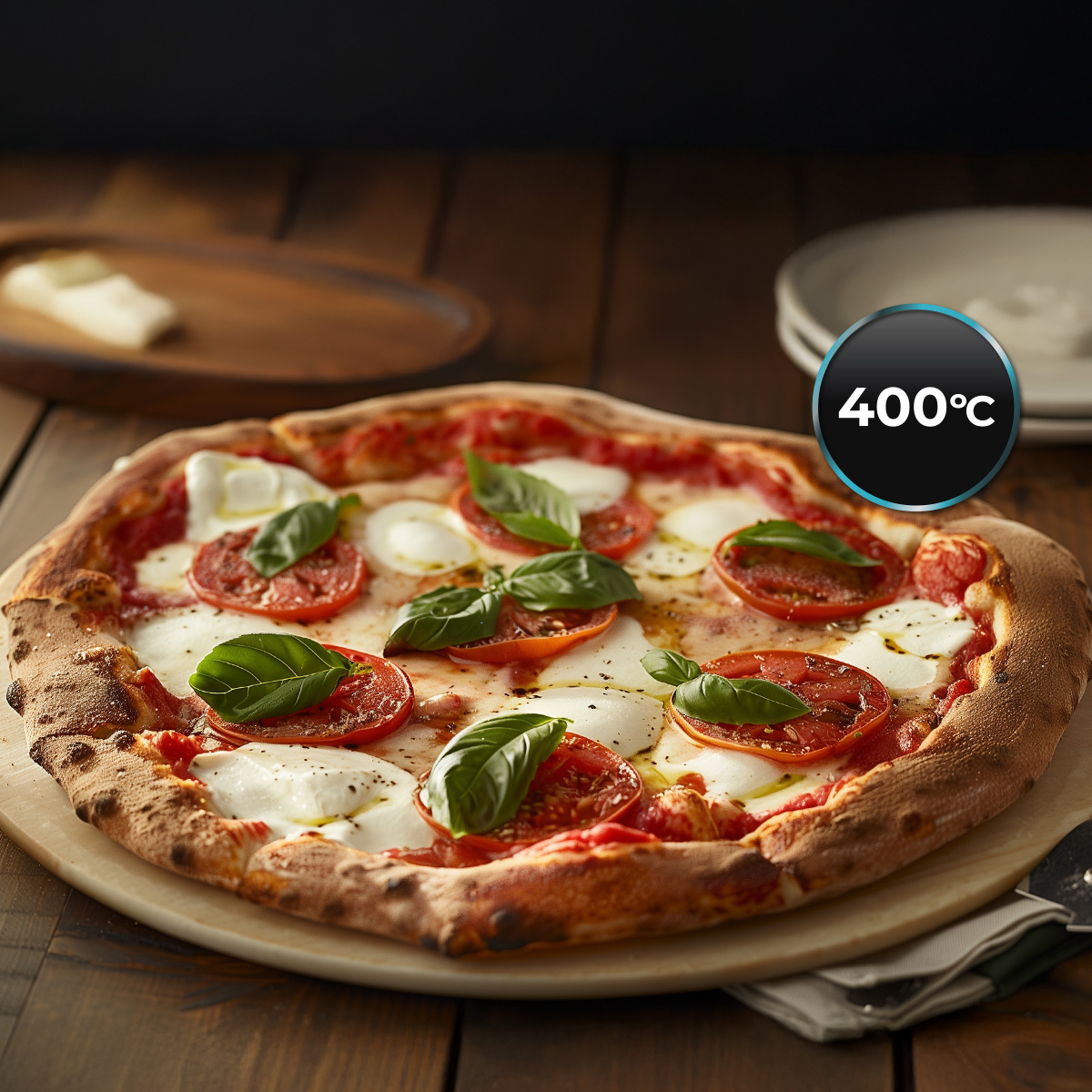 Pizza Margherita recién horneada con tomates, mozzarella y hojas de albahaca sobre fondo de madera.