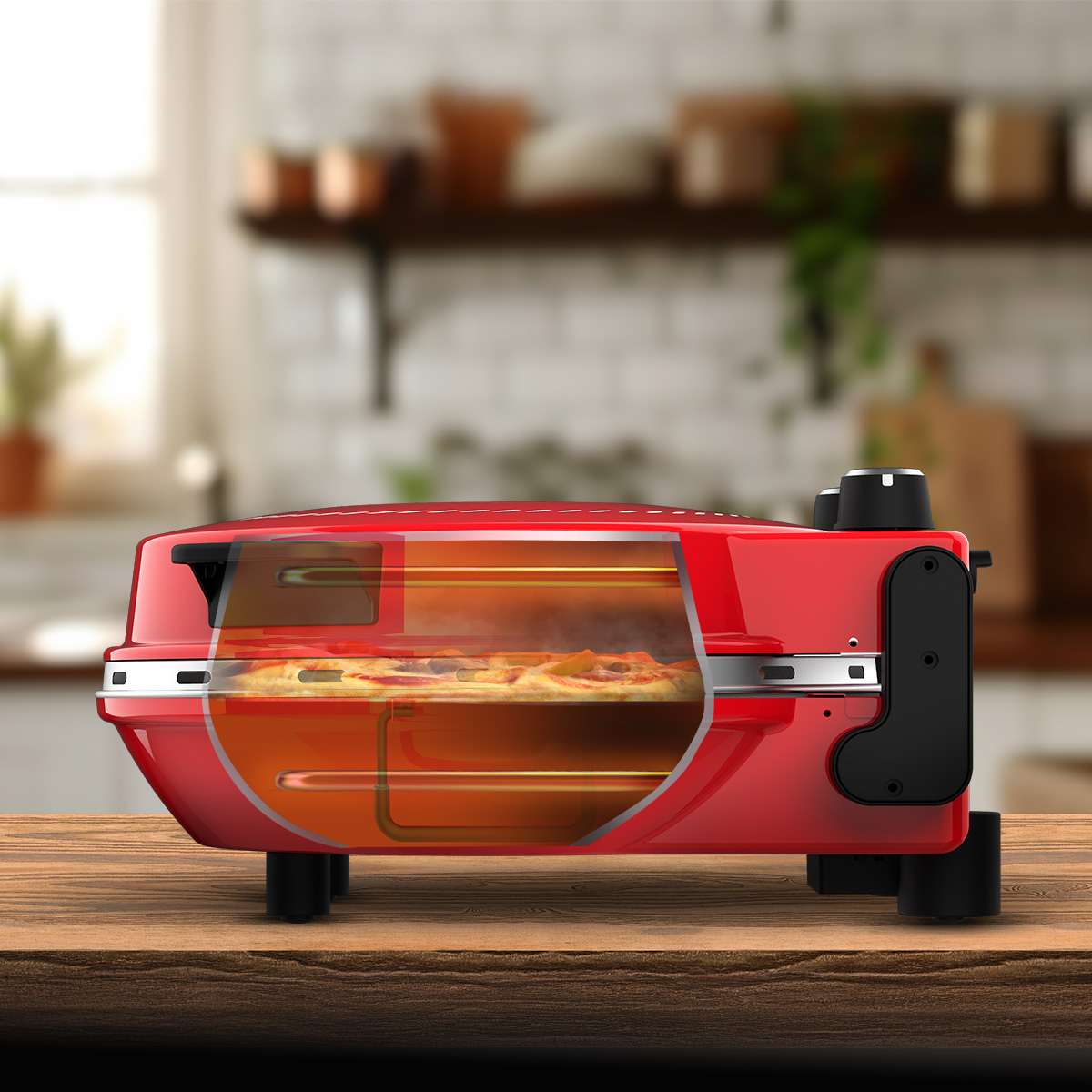 Un horno de pizza rojo sobre una mesa de madera en una cocina borrosa muestra una pizza dentro.