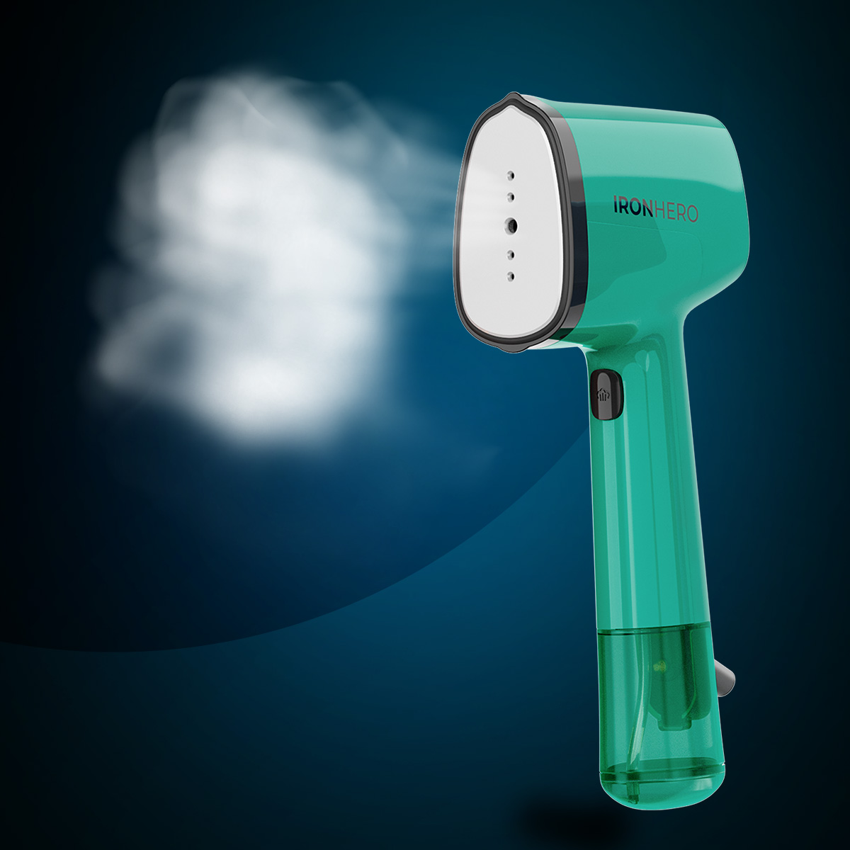 Un vaporizador de ropa portátil de color turquesa con la marca IRONHERO emite vapor sobre un fondo oscuro.