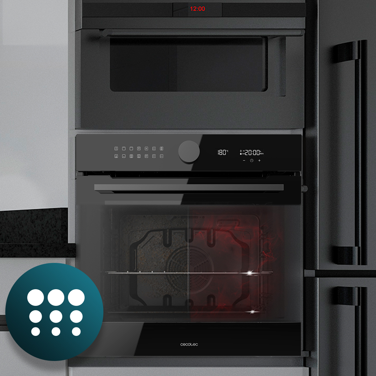 Un horno empotrable negro con pantalla digital que muestra 180 grados y un temporizador de 20 minutos.