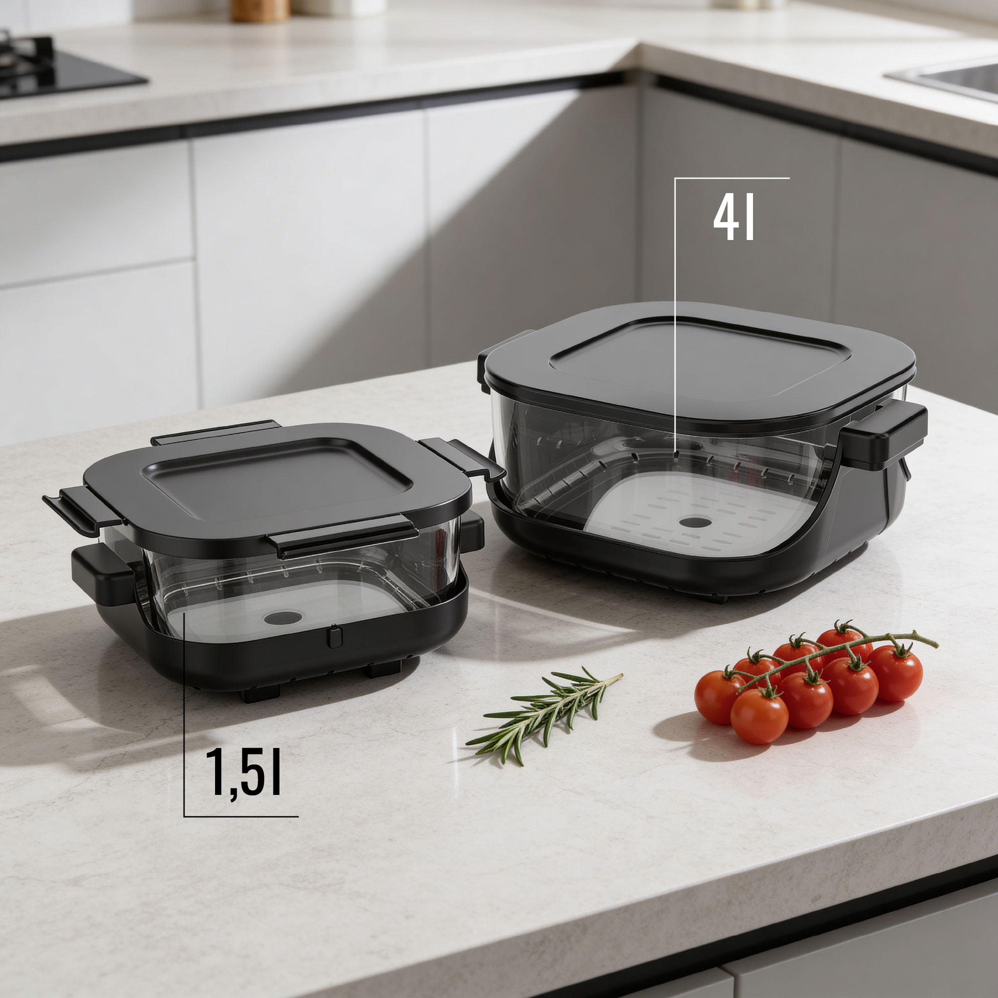 Dwa czarne pojemniki z pokrywkami, 1,5L i 4L, na blacie kuchennym z pomidorami i rozmarynem.