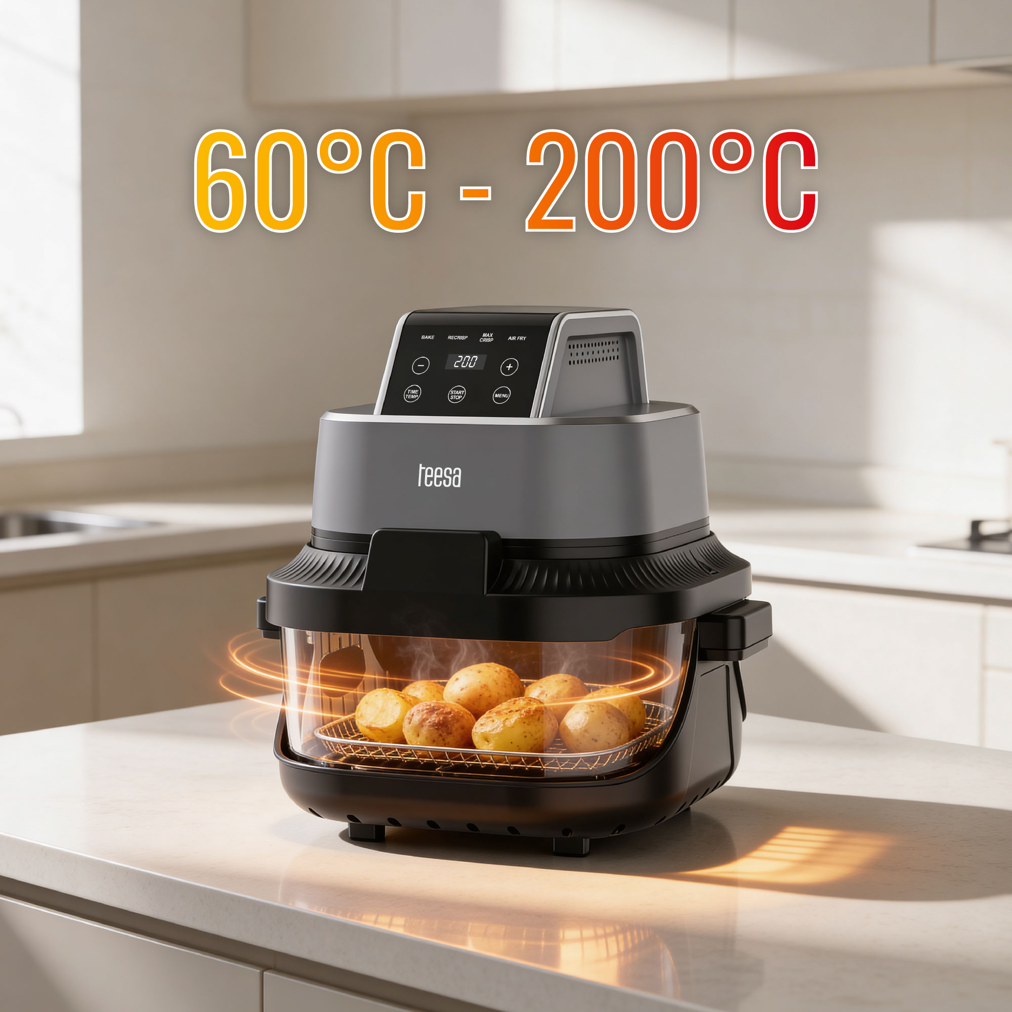 Szara frytkownica beztłuszczowa Teesa na blacie kuchennym piecze ziemniaki w temperaturze od 60°C do 200°C.