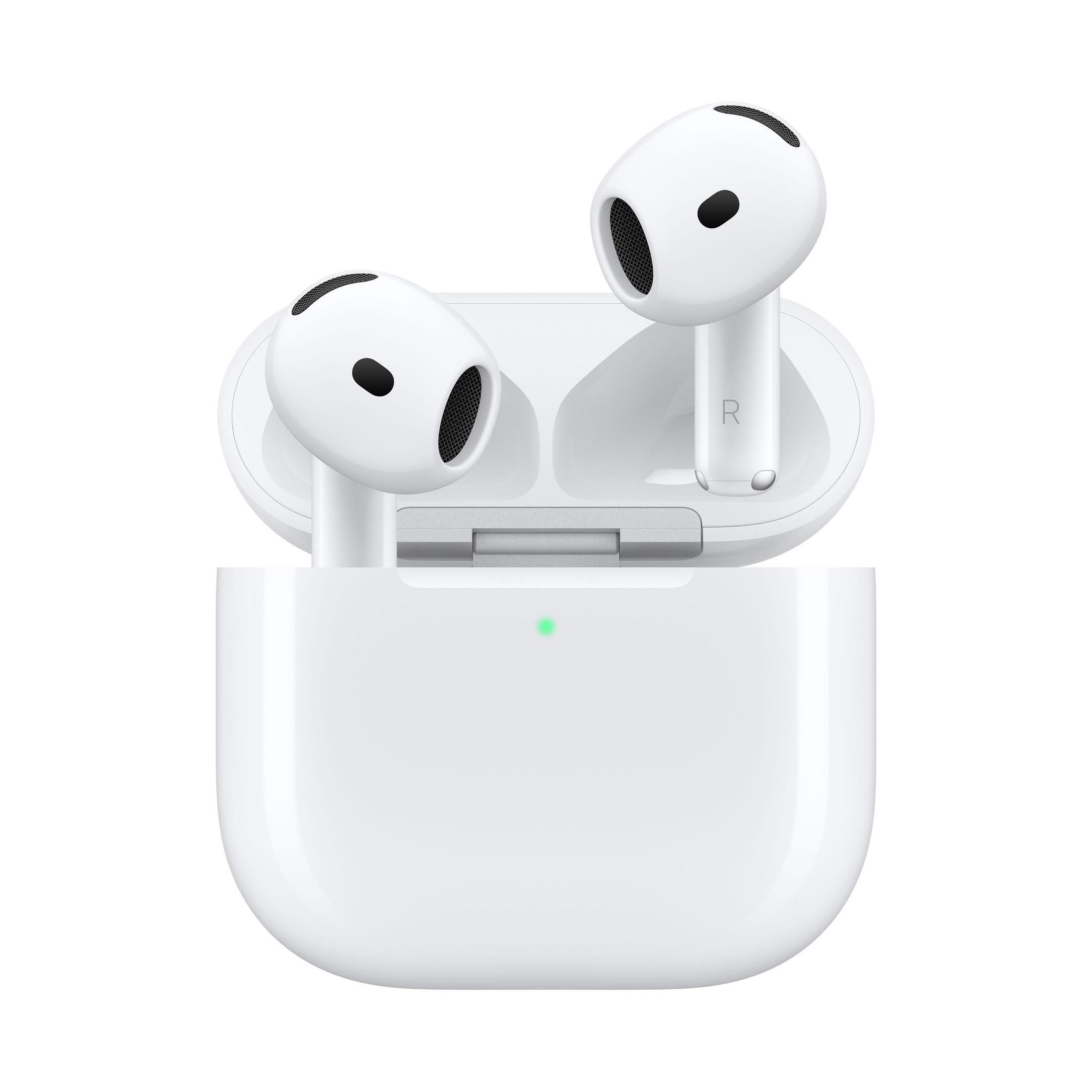 Auricolari wireless bianchi nella custodia di ricarica con luce verde su sfondo bianco.