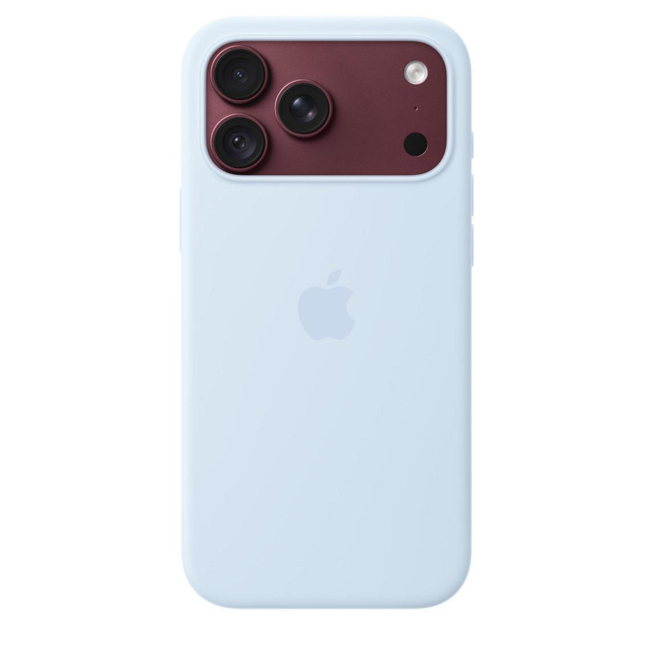 Hellblaues Smartphone mit violetter Kamerainsel und Apple-Logo auf der Rückseite.