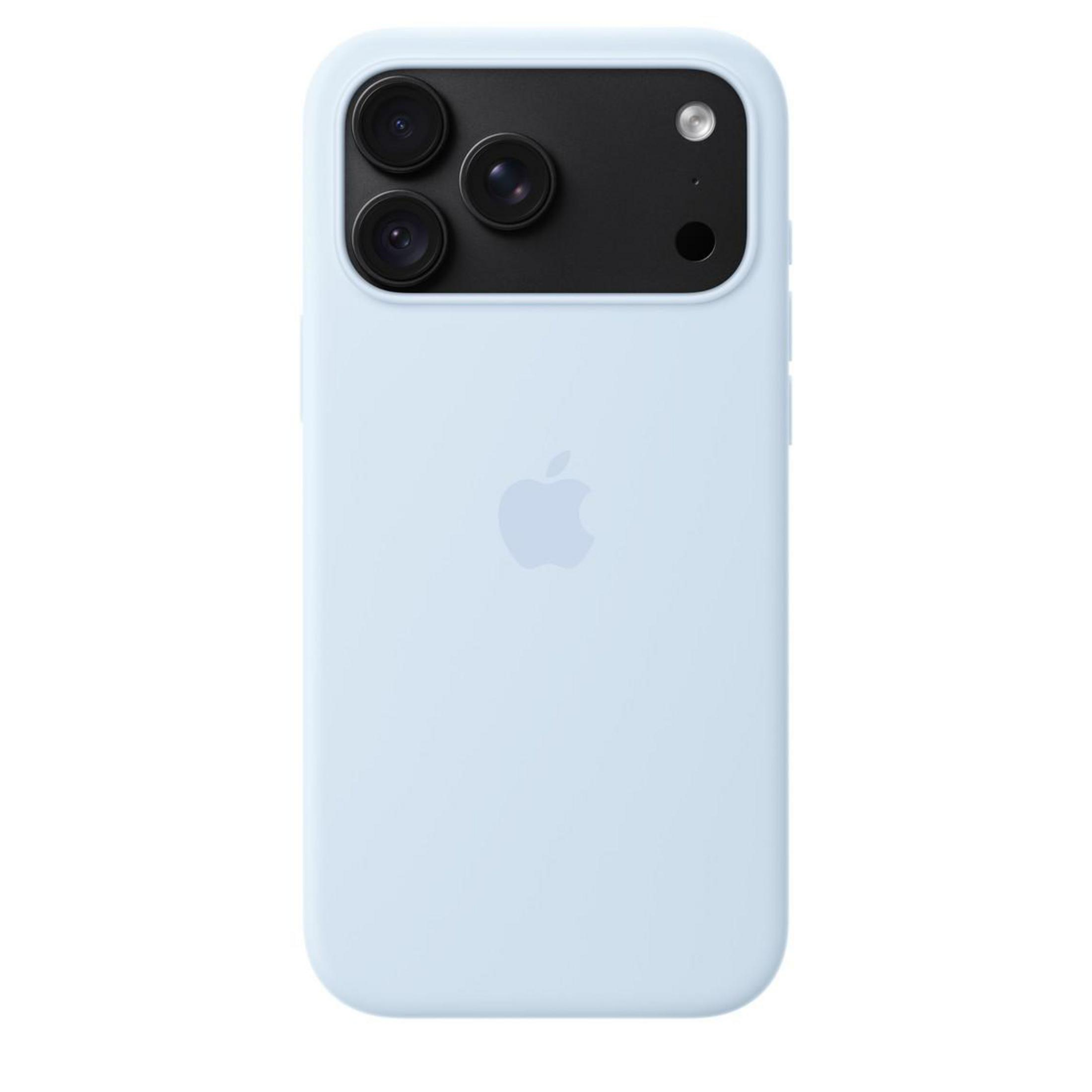 Hellblaue Smartphone-Hülle auf der Rückseite mit Kamera-Modul und Apple-Logo.