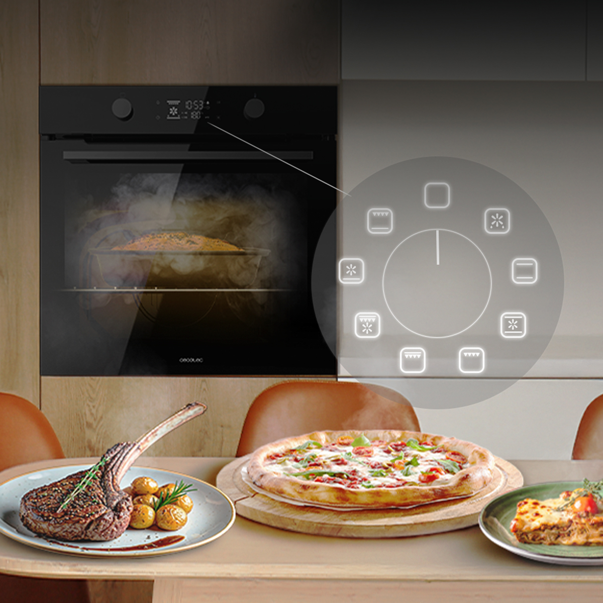 Horno de vapor moderno con menú de funciones y mesa con pizza, filete y lasaña.