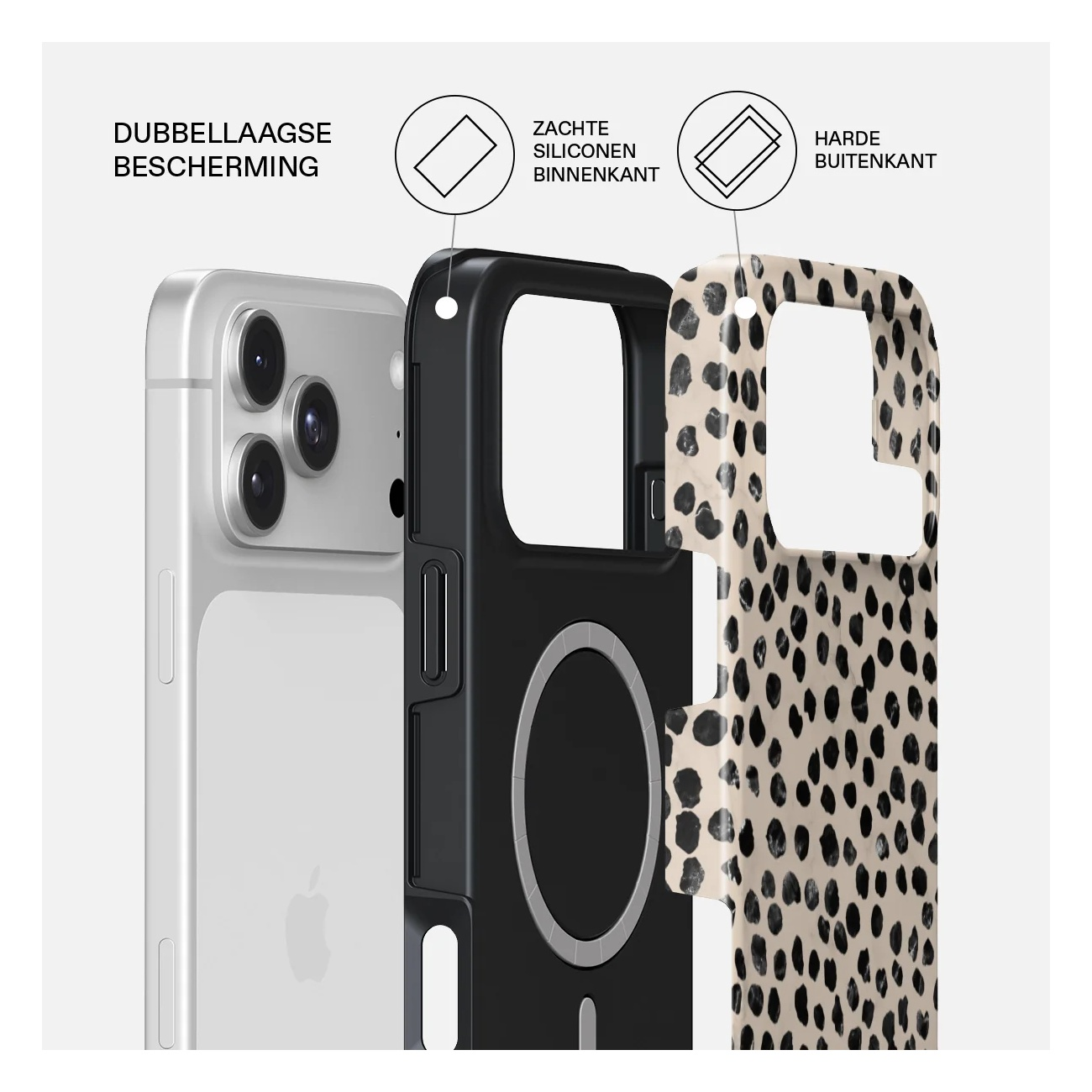 Diagram showing dual protection: soft silicone inner layer and hard outer shell.
