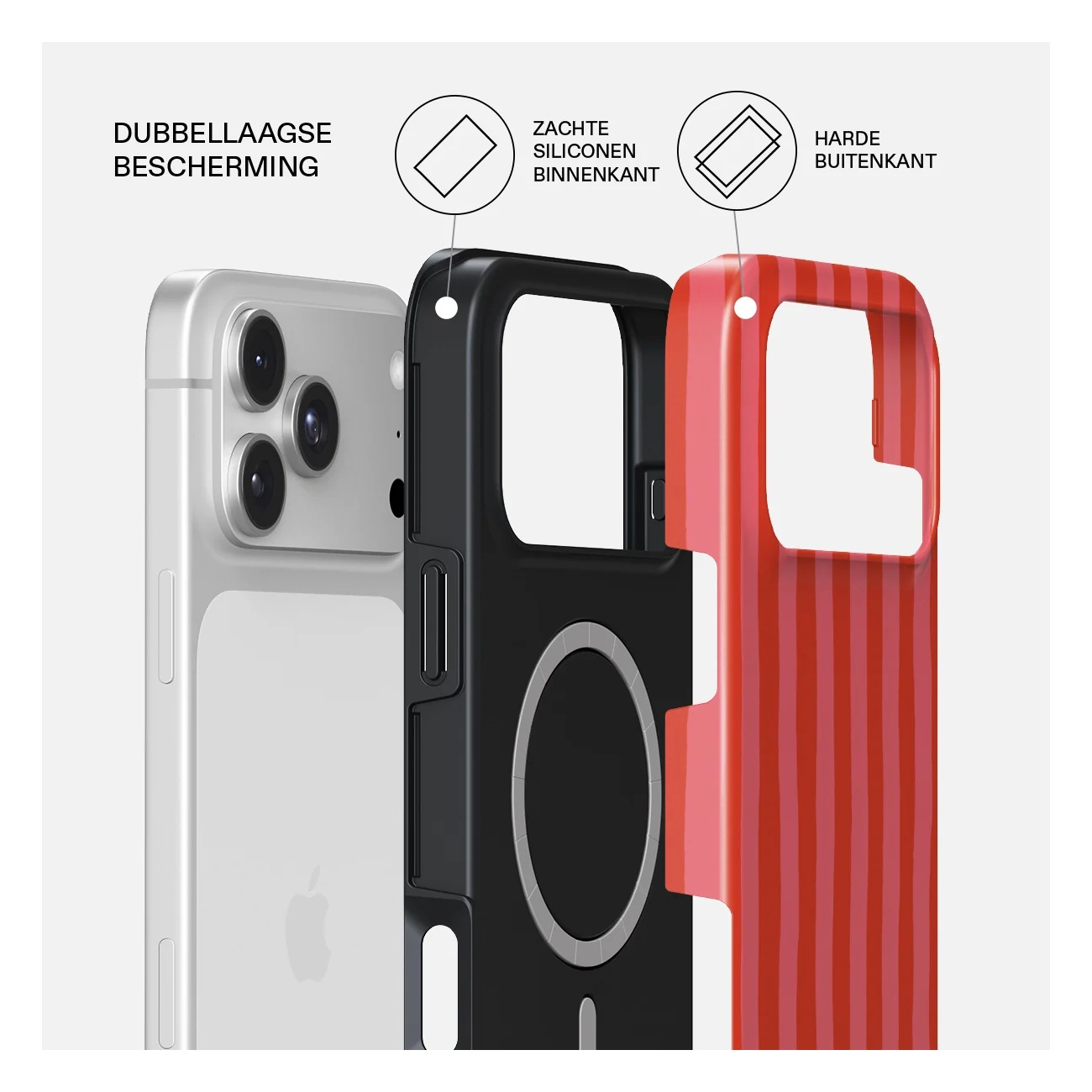 Diagram showing dual-layer protection: soft silicone inner and hard outer case for a phone.