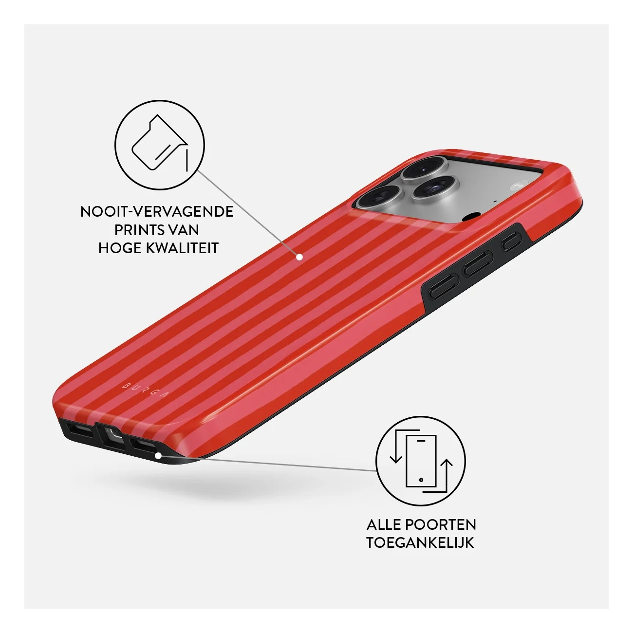 A red and pink striped phone case with two round feature icons and Dutch text.