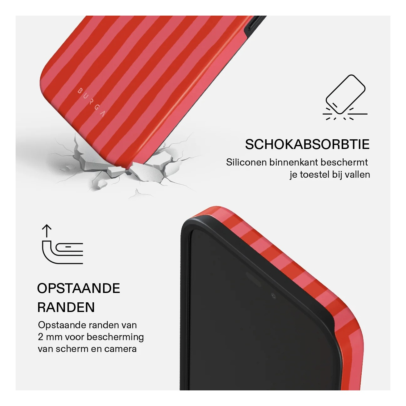 Red striped phone case features shock absorption and raised edges for drop and screen protection.