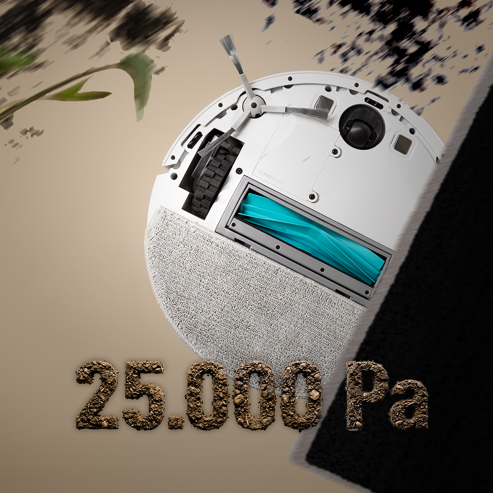 Vista inferior de un robot aspirador blanco con cepillo azul y texto 25.000 Pa en textura de tierra.