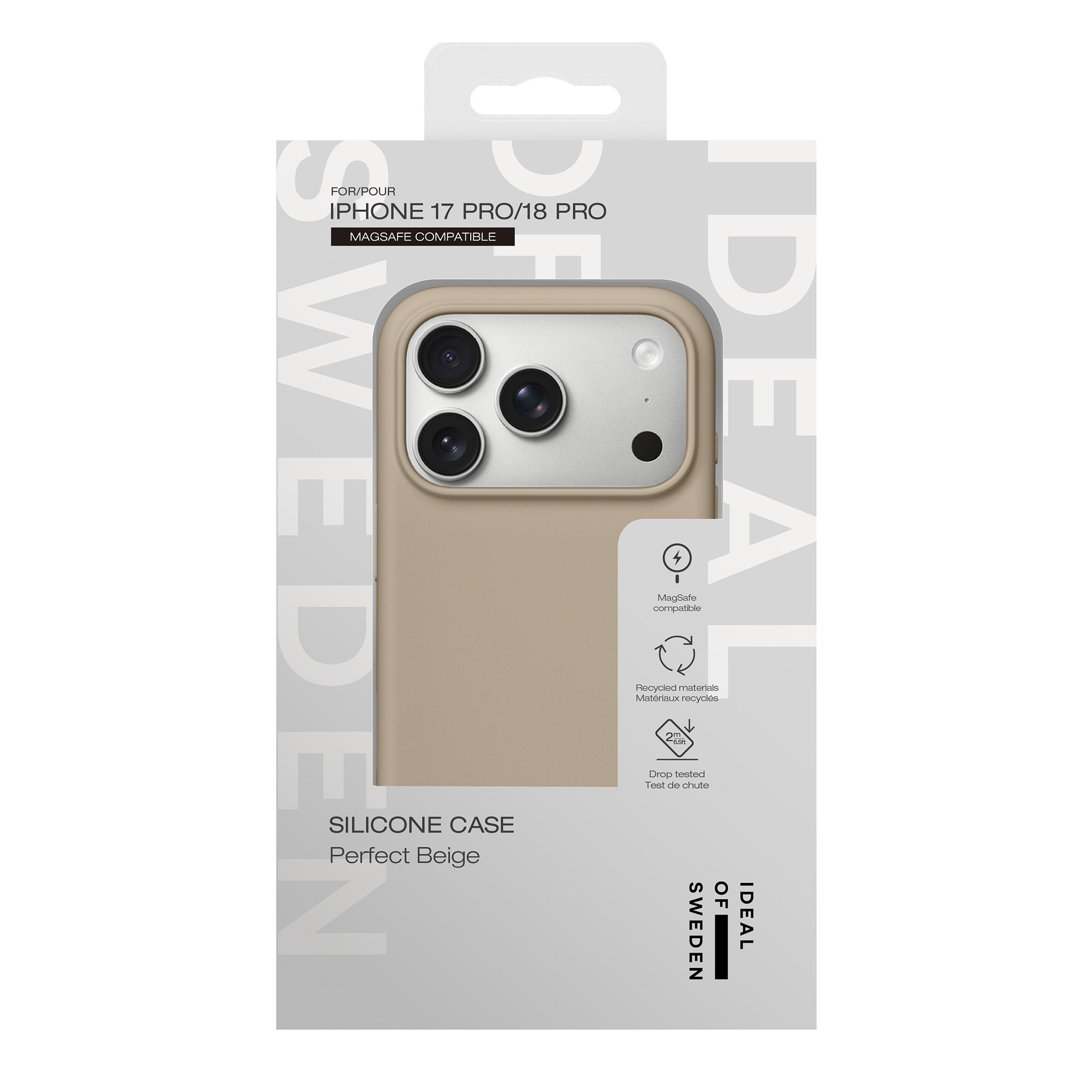 Coque de téléphone en silicone beige dans un emballage avec logos et détails.