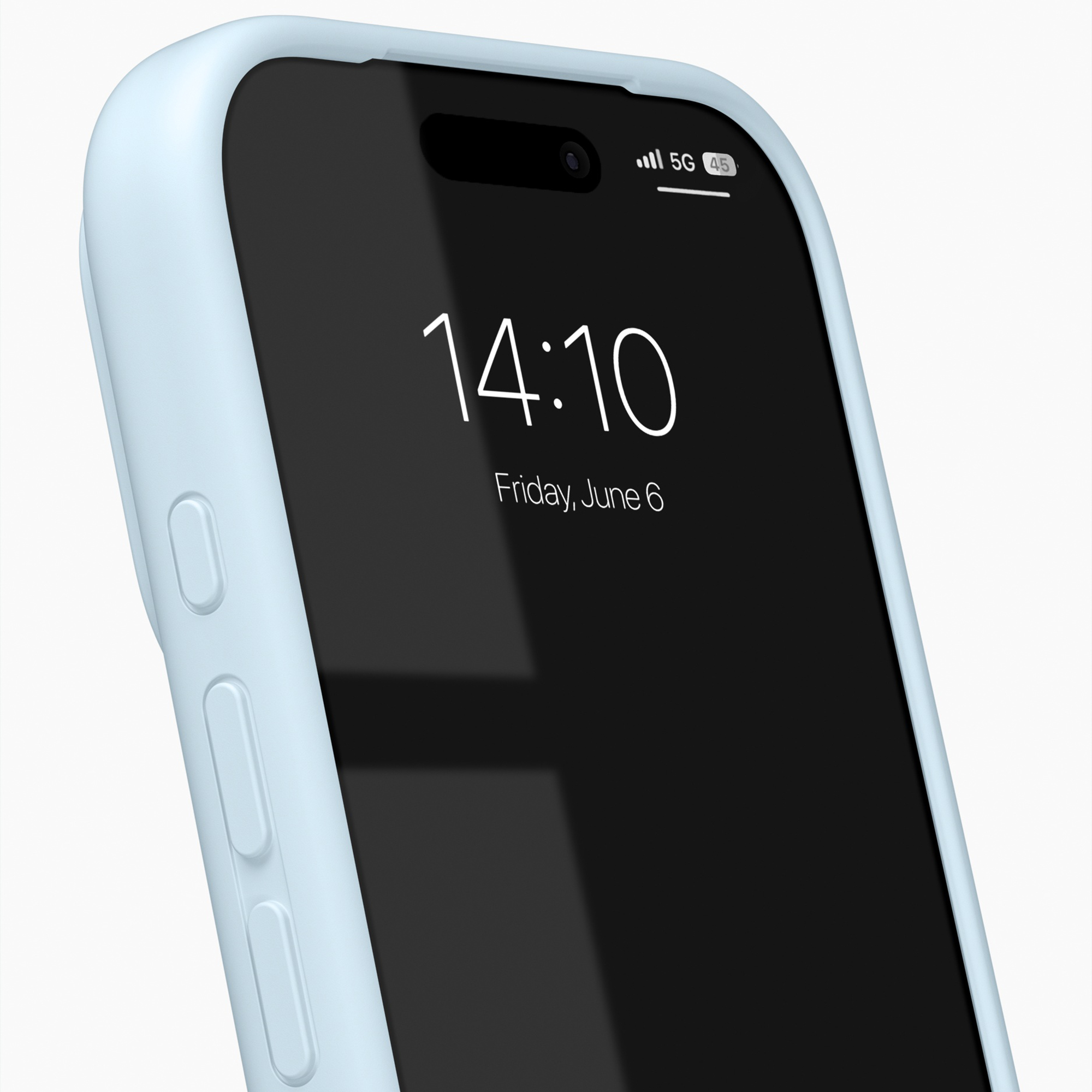Un smartphone bleu clair avec un écran de verrouillage actif sur fond blanc.