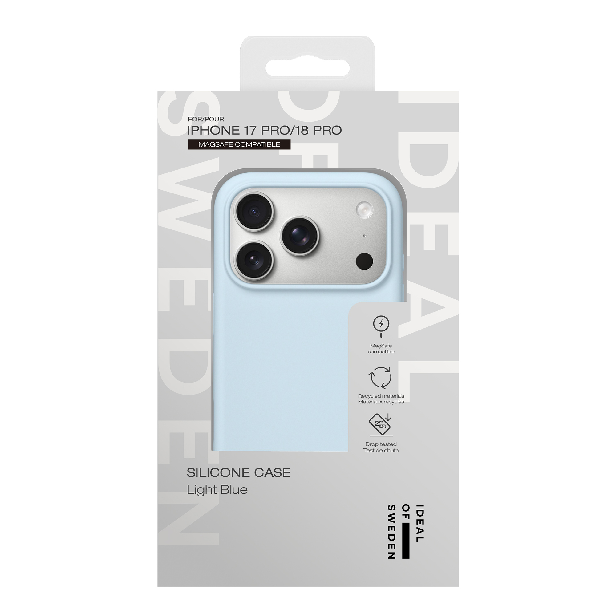 Coque de téléphone en silicone bleu clair dans une boîte blanche avec icônes.
