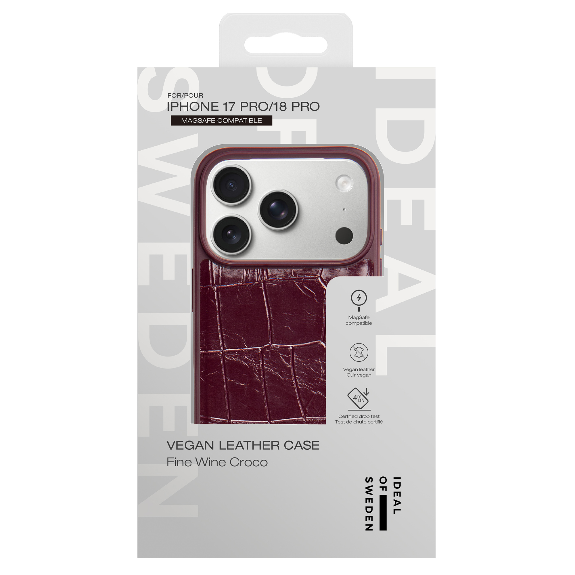 Donkerrode vegan leren iPhone hoesje in verpakking met krokodillenstructuur en MagSafe.