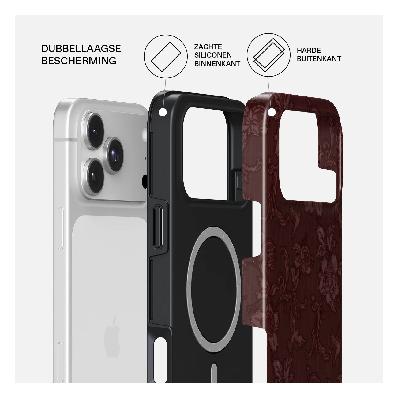Diagram shows phone case with soft silicone inside and hard outer shell.