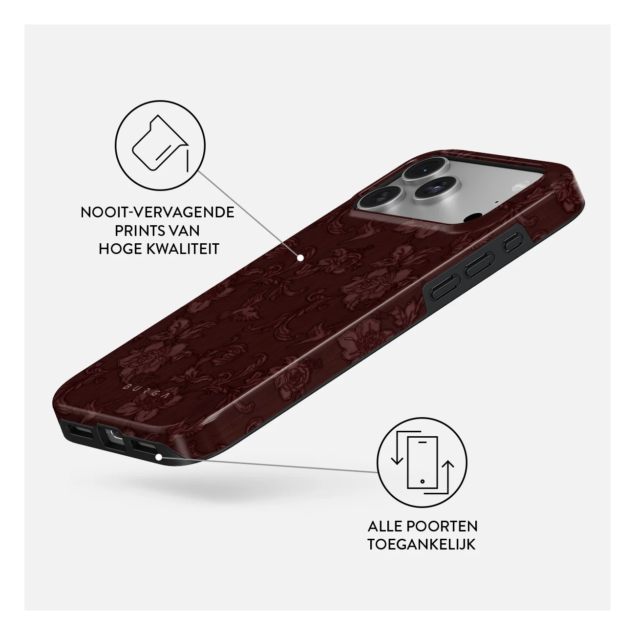 Dark red phone case with floral pattern, durable print, and accessible ports.