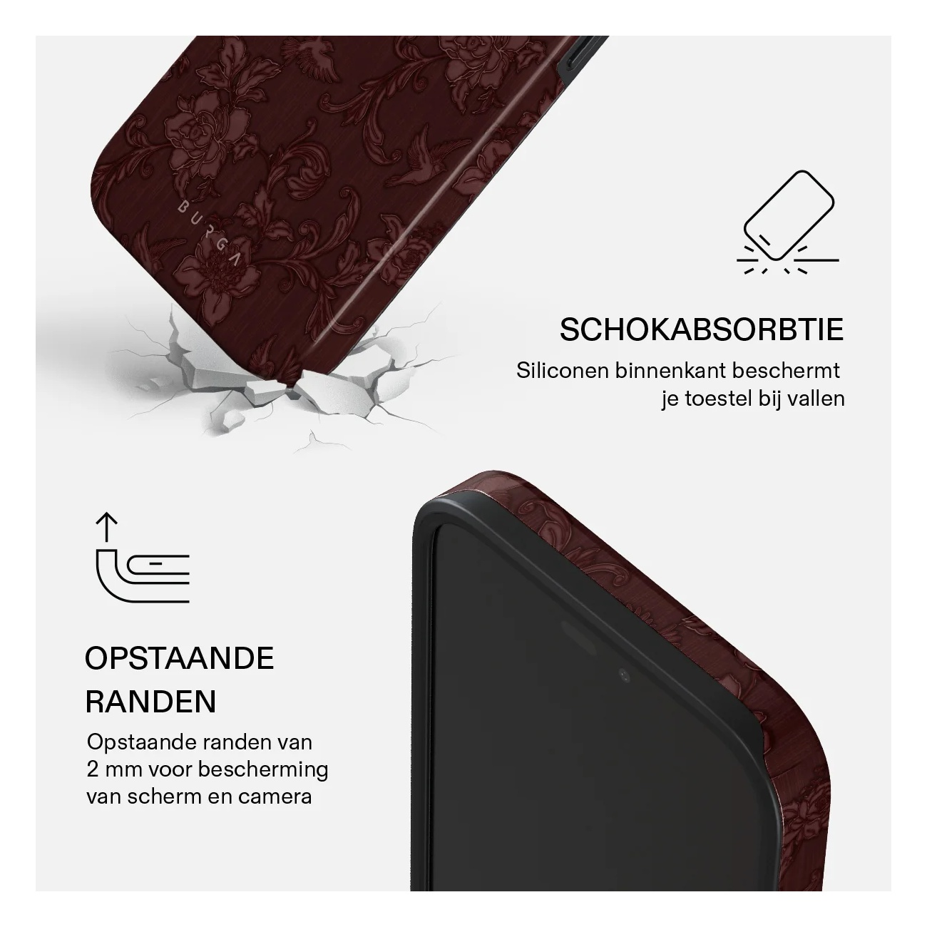 Product ad for a brown floral phone case featuring shock absorption and raised edges.