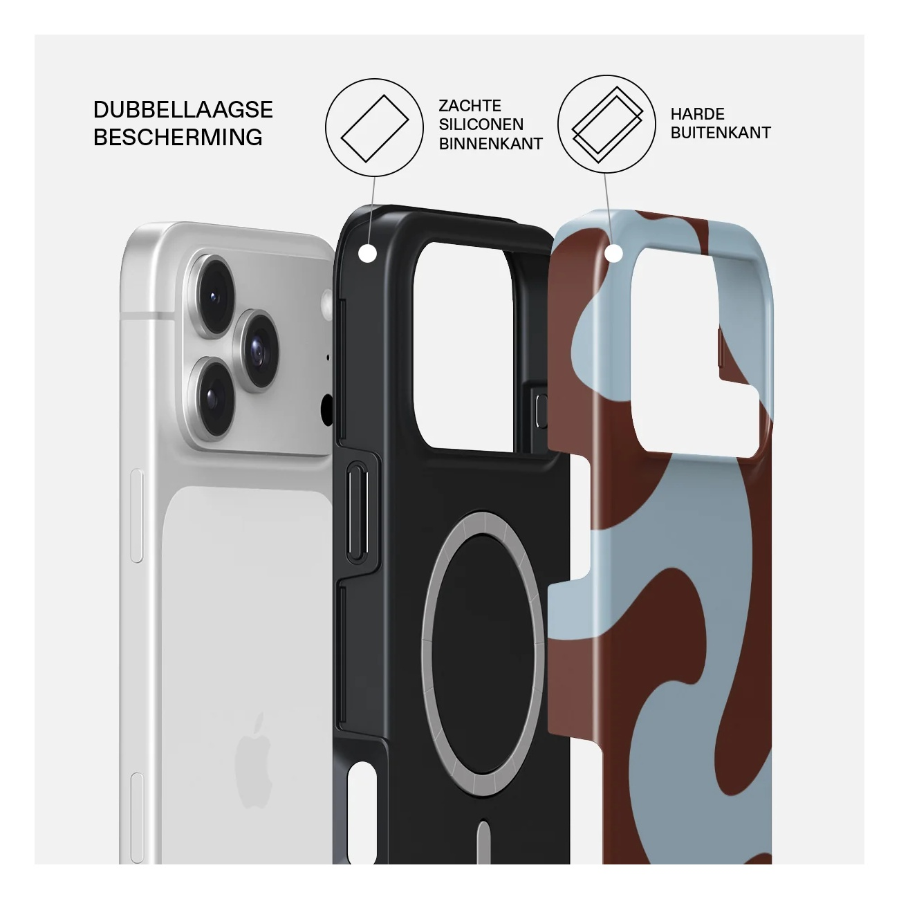 Diagram showing a dual-layer phone case with a soft silicone interior and a hard outer shell, with Dutch text.
