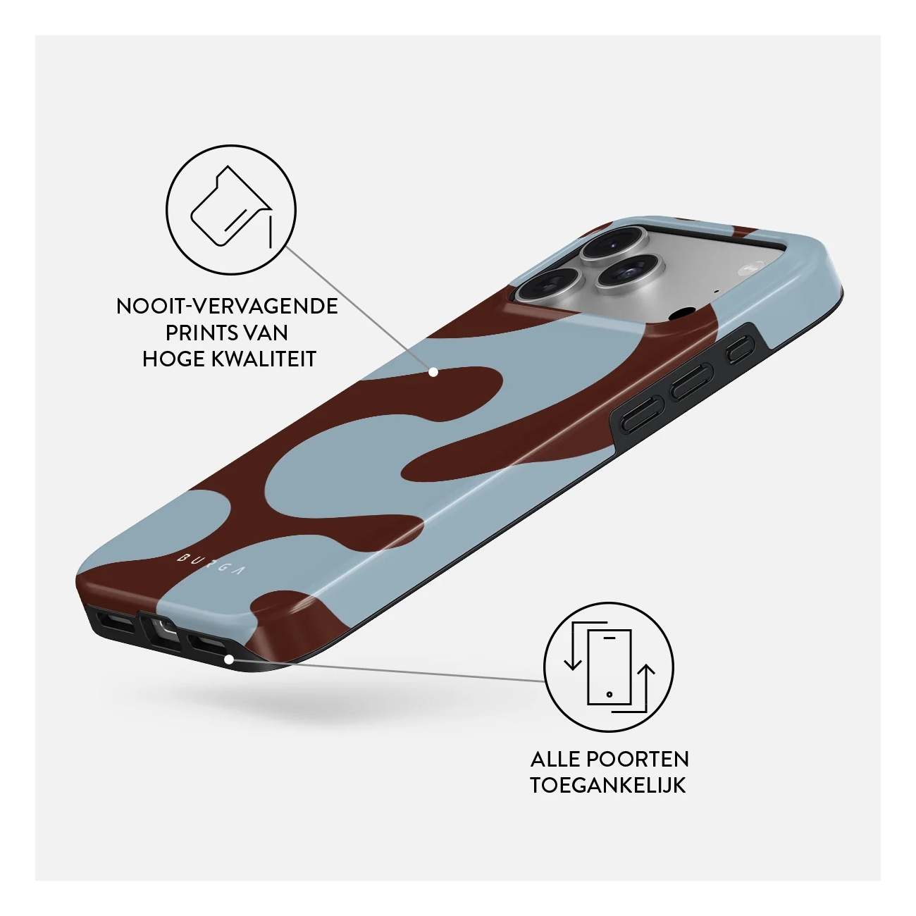 Light blue phone case with brown pattern, featuring infographics for print quality and port access.