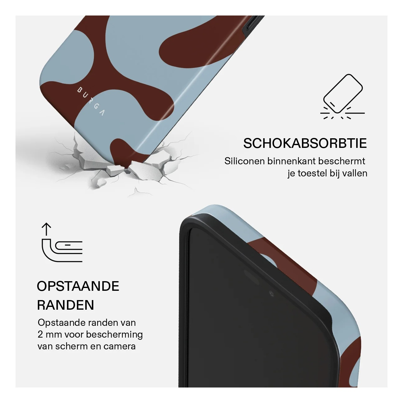 An advertisement showcasing shock absorption and raised edges on a blue and brown abstract phone case.