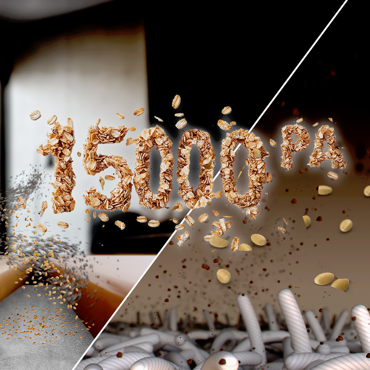 Il testo 15000 PA in fiocchi d'avena fluttua sopra cereali e forme bianche a verme.
