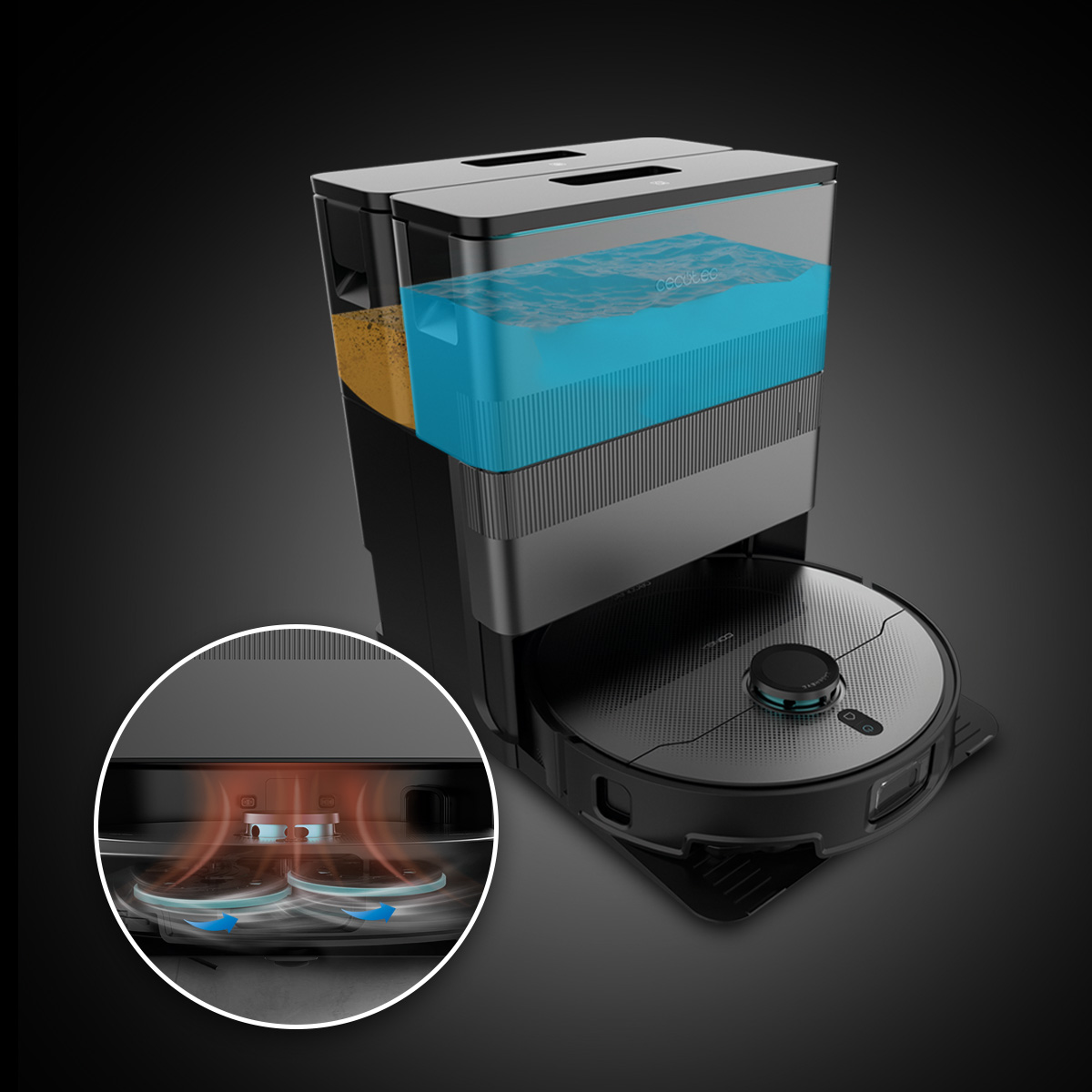 Robot aspirapolvere con base, serbatoio d'acqua e asciugatura mocio ad aria calda in un inserto circolare.