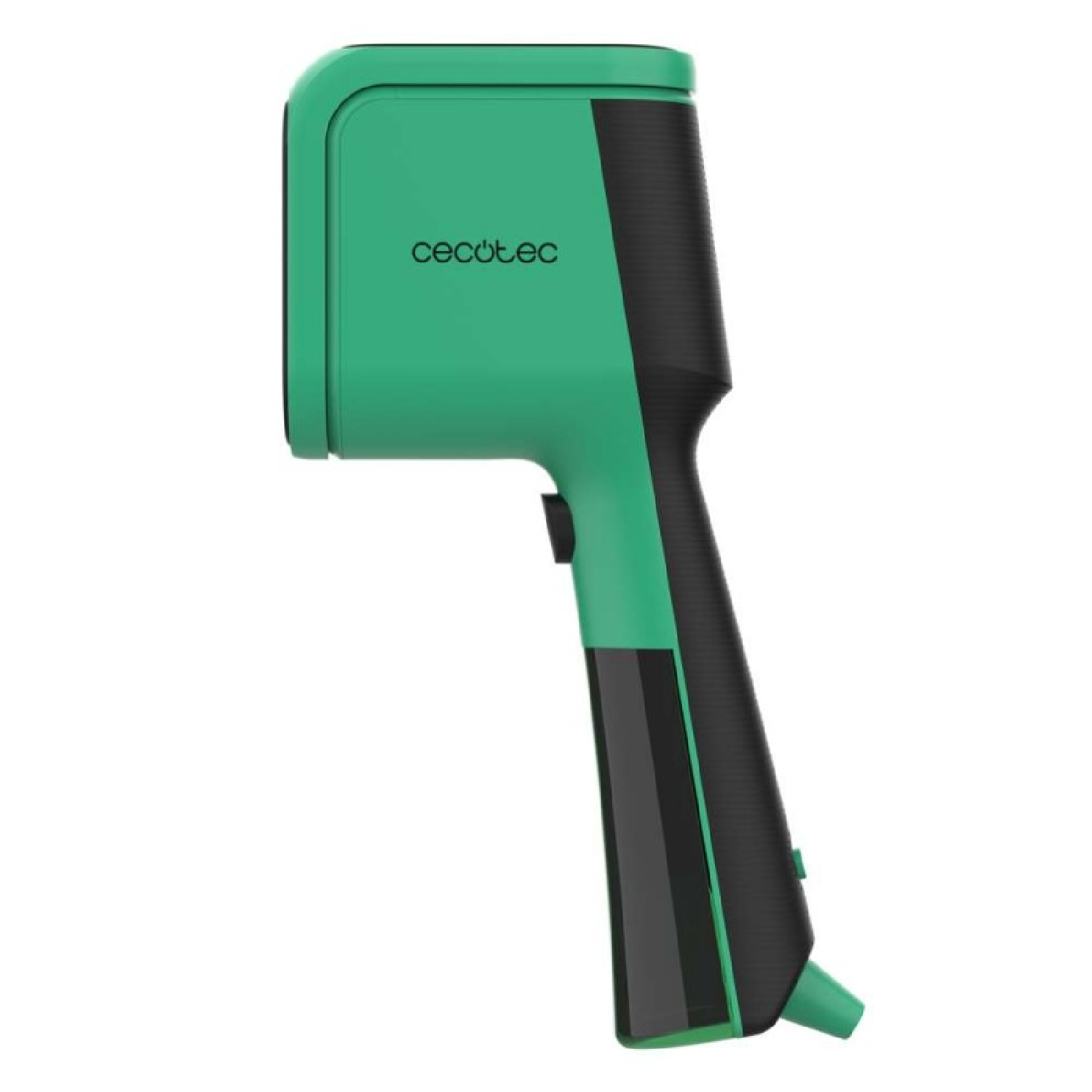 Un vaporizzatore per indumenti Cecotec verde e nero si trova verticalmente su sfondo bianco.