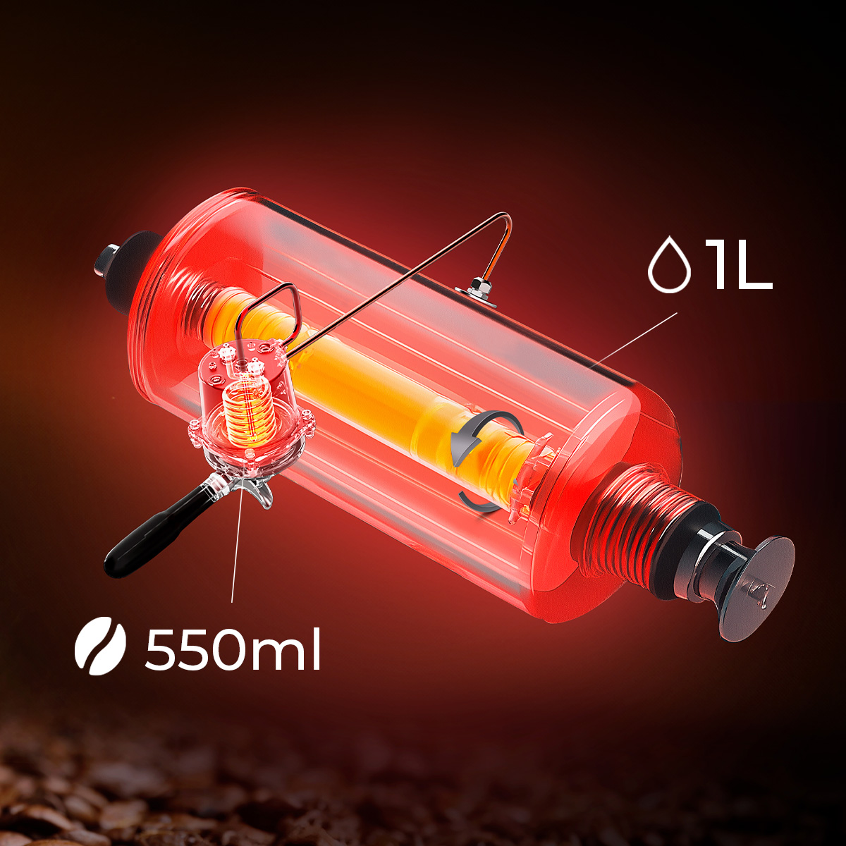 Ilustración técnica de una cafetera cilíndrica roja transparente con etiquetas de capacidad de 1L y 550ml.