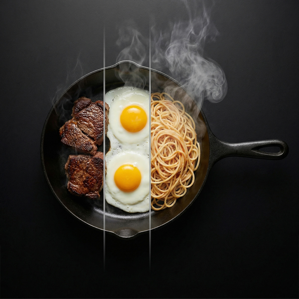Una sartén de hierro fundido con filetes, huevos fritos y espaguetis, con vapor.