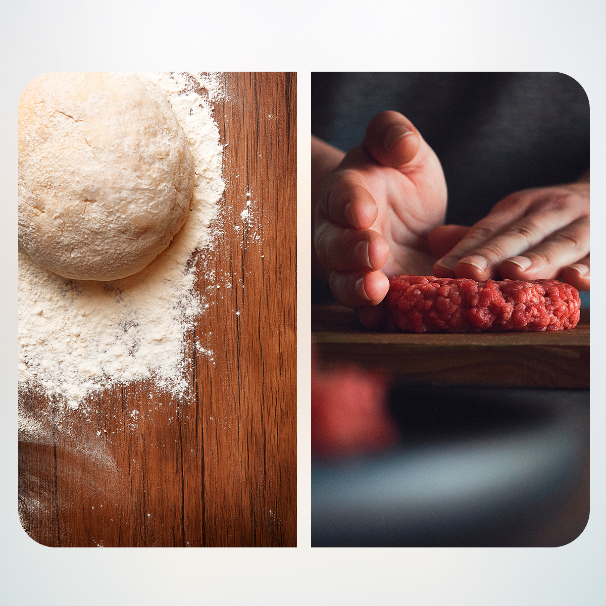 Una pallina di impasto sulla farina e mani che modellano un hamburger.