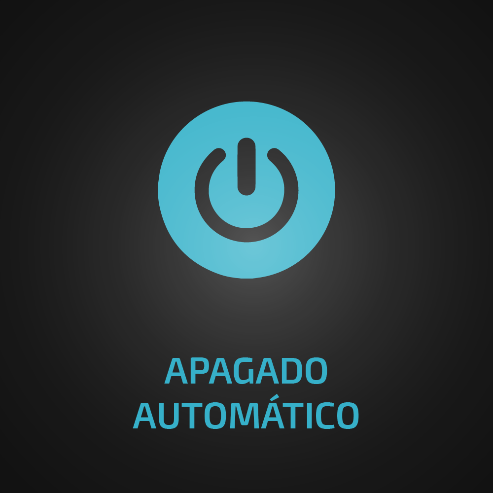 Un'icona di accensione blu su sfondo scuro con la scritta APAGADO AUTOMÁTICO.