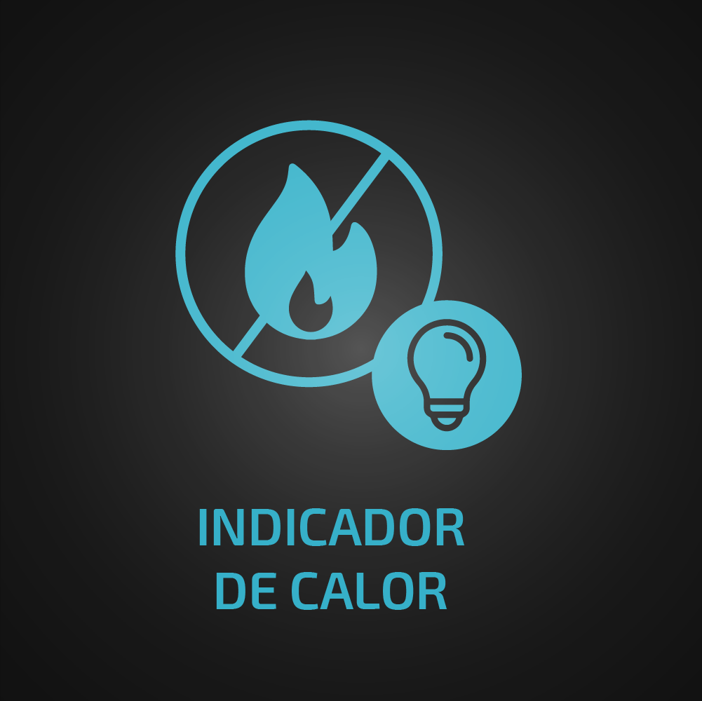 Un'icona blu su sfondo scuro con una fiamma, un simbolo di divieto, una lampadina e la scritta INDICADOR DE CALOR.