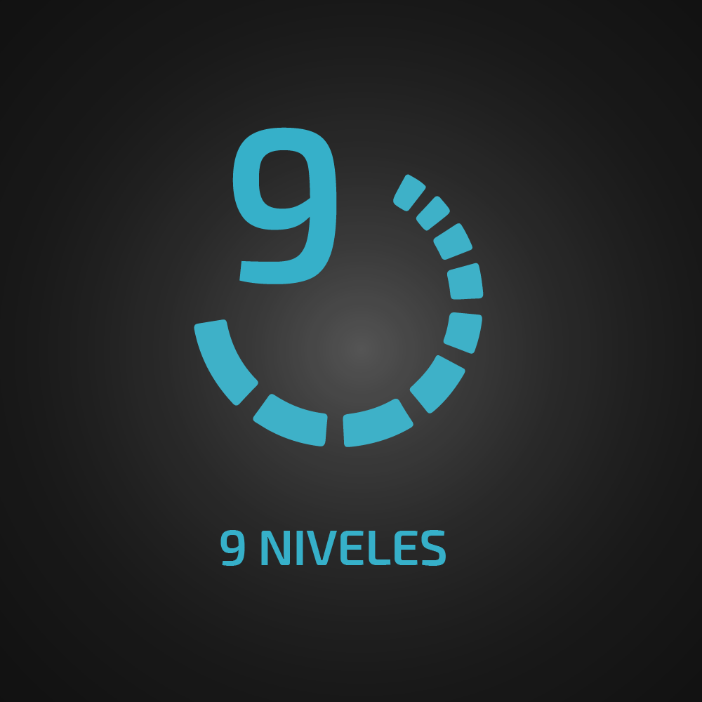 Numero 9 blu in un cerchio segmentato con testo '9 NIVELES' su sfondo nero.