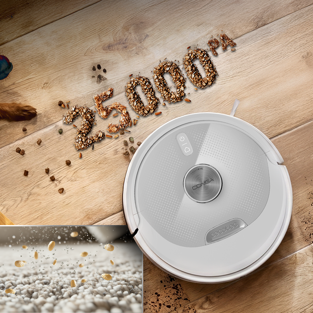 Un robot aspirador blanco en suelo de madera junto a copos de cereal que forman 25000 Pa.