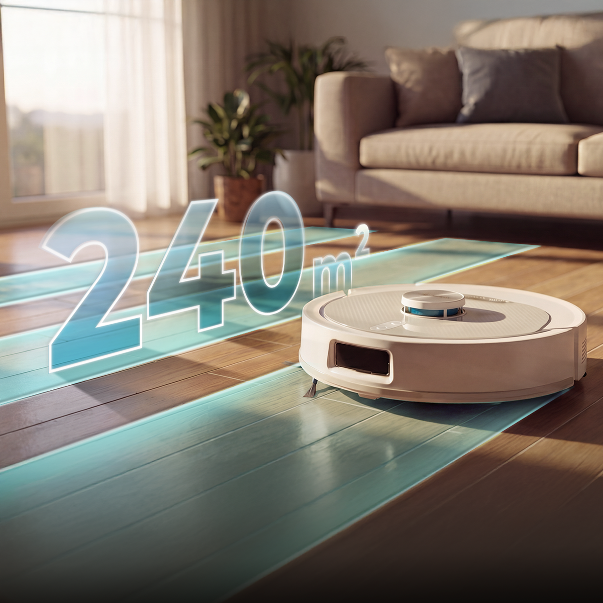 Un robot aspirador limpia un suelo de madera en una sala, con un gráfico que muestra 240 metros cuadrados.