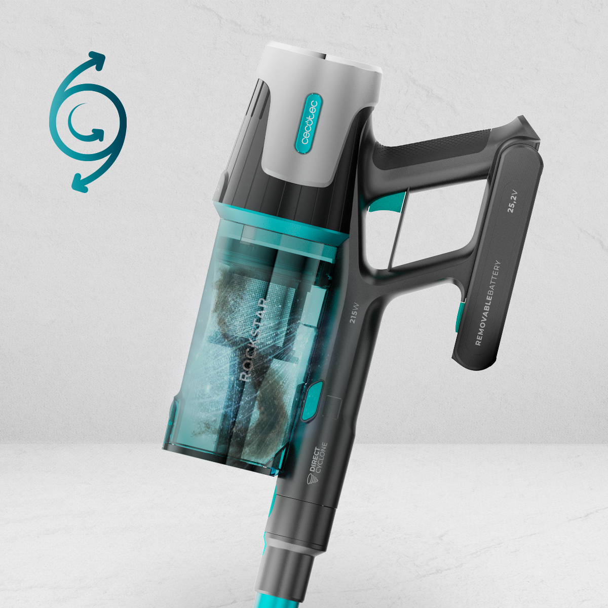 Un aspirapolvere portatile grigio e turchese con contenitore trasparente su sfondo chiaro.