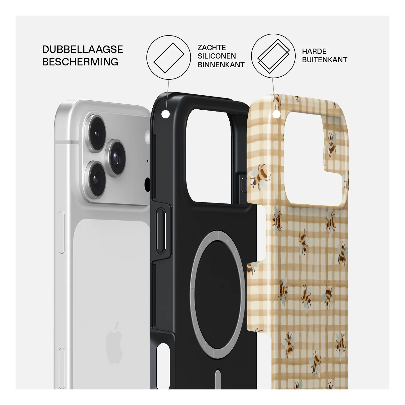 Diagram shows dual-layer protection with soft silicone inside and hard outer shell.