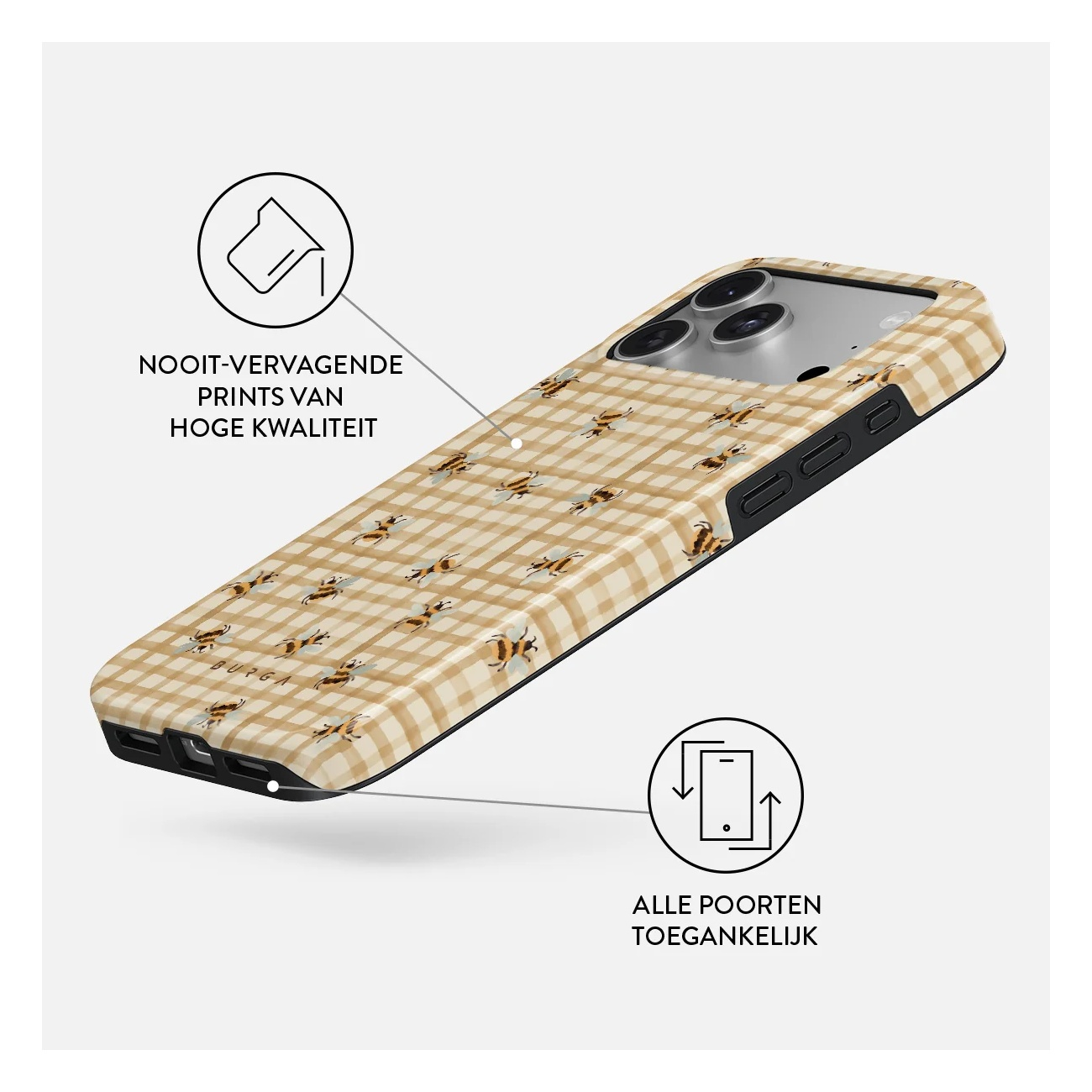 Phone case with beige plaid and bee pattern, featuring high quality print and accessible ports features.