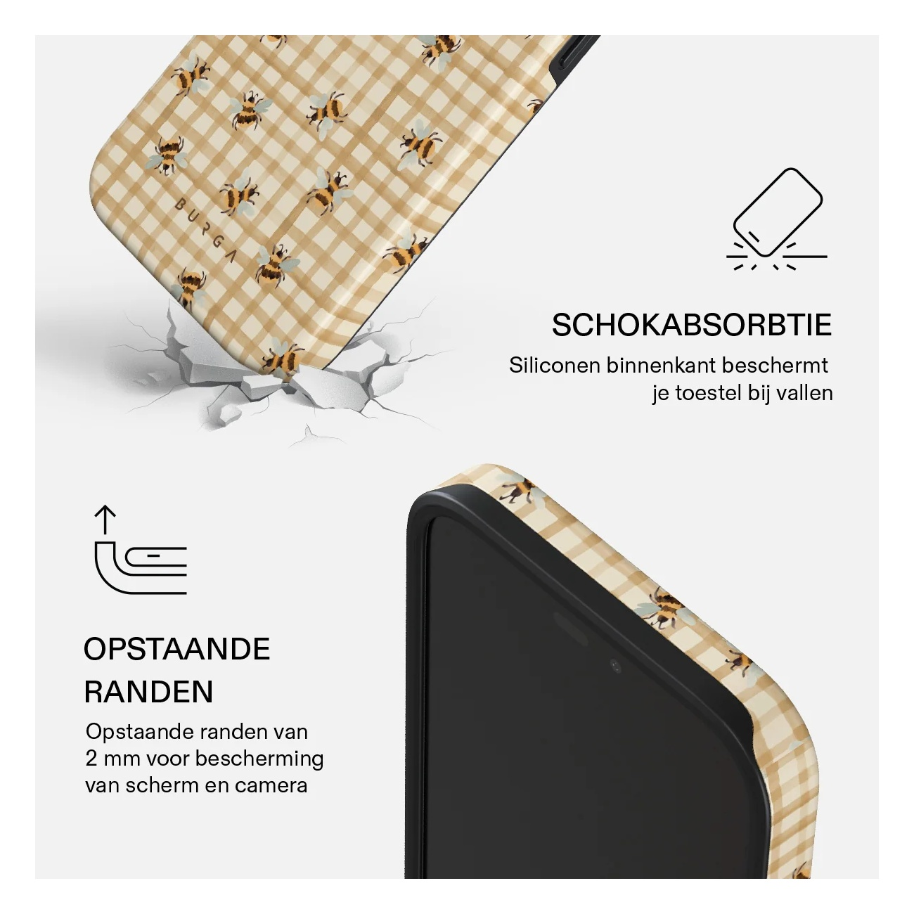 A beige phone case with a bee and checkered pattern, showing shock absorption and raised edges for screen protection.