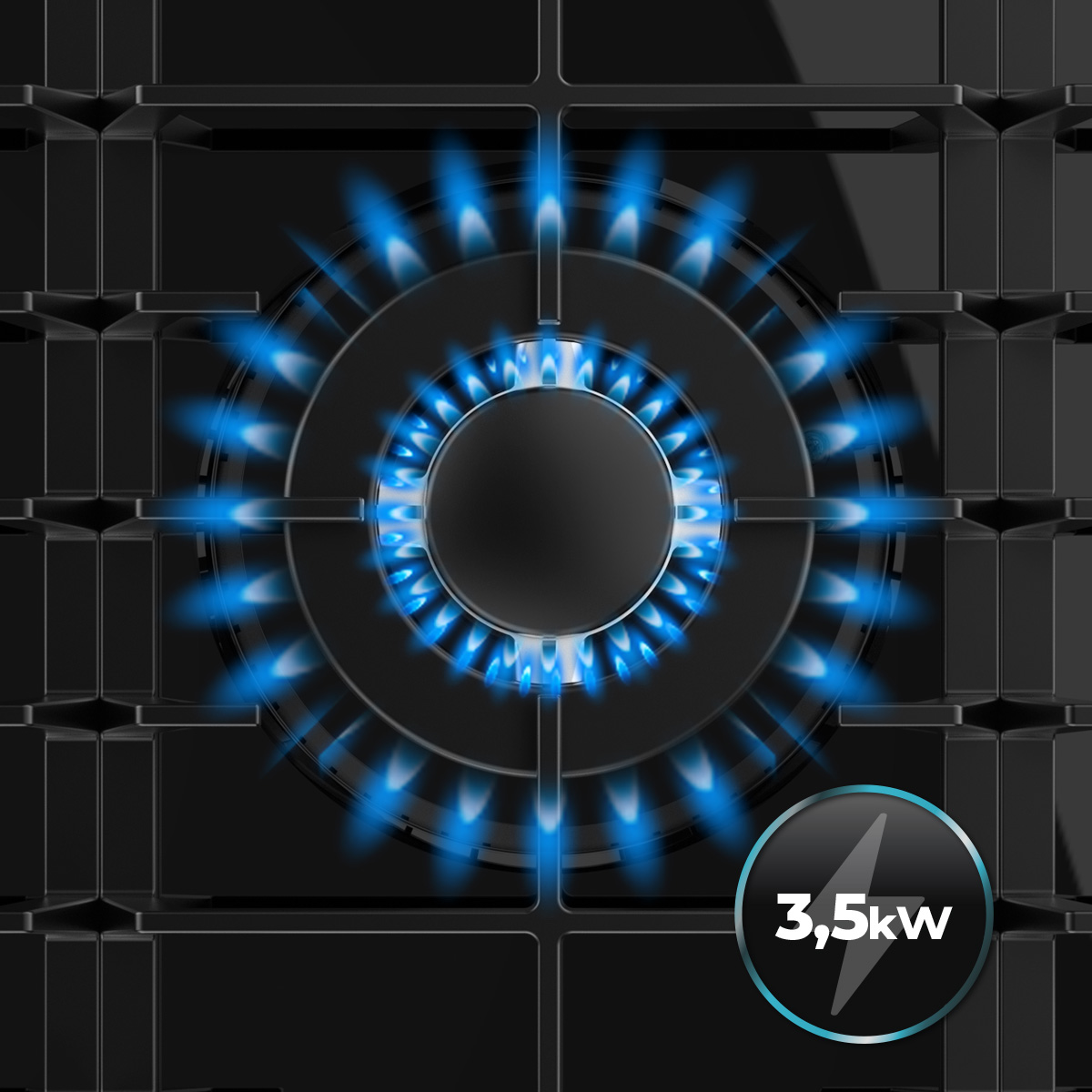 Vista cenital de una encimera de gas negra con llamas azules brillantes y un símbolo de 3.5 kW.