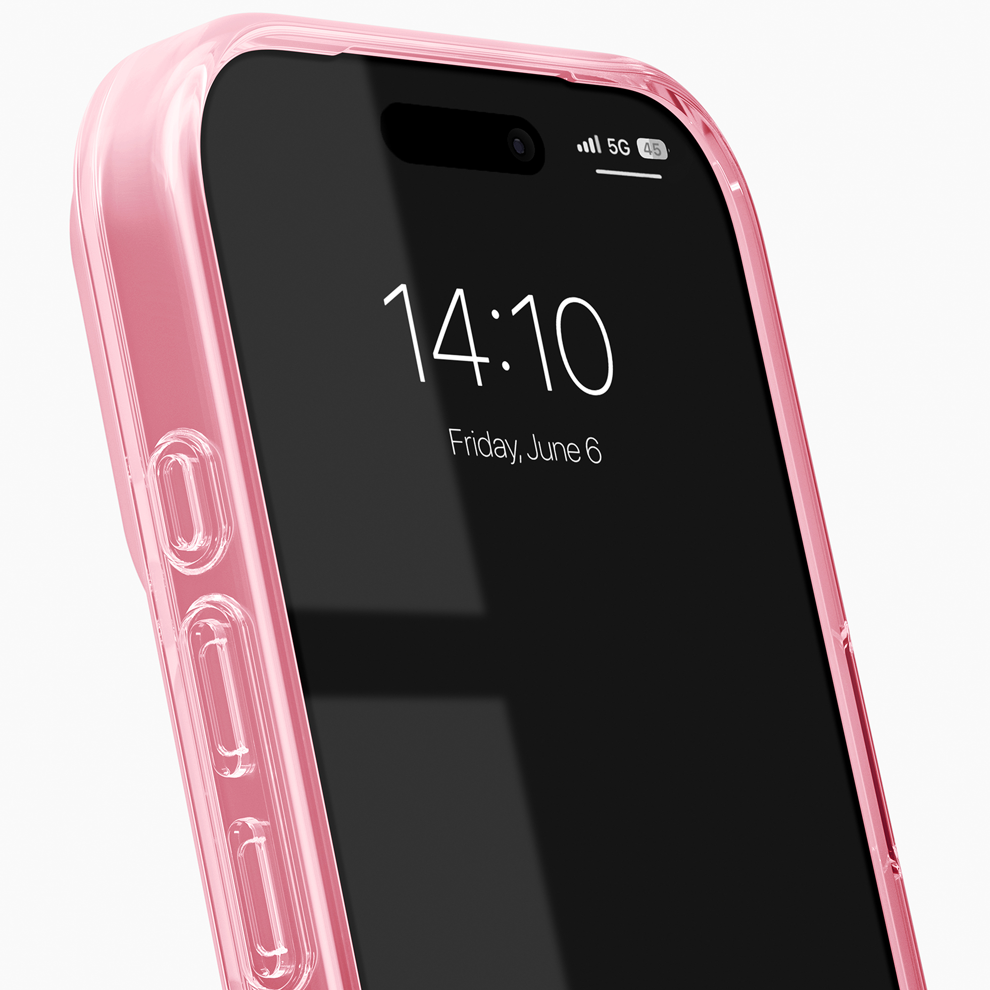 Uno smartphone in una custodia protettiva rosa mostra lo schermo con le 14:10.